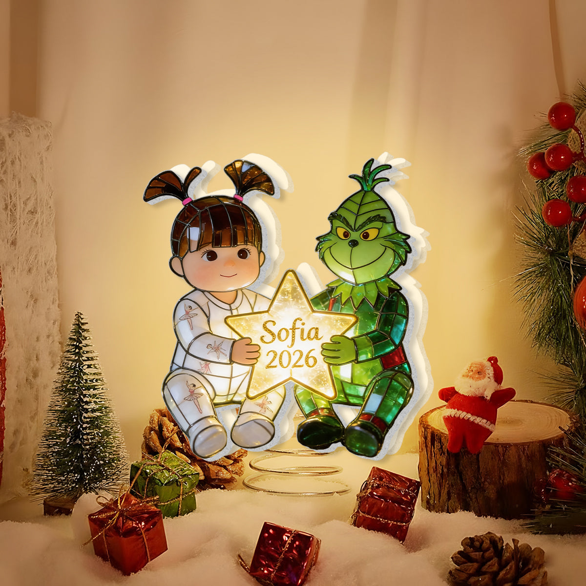 Kid And Green Christmas Character - Personalized Stole Christmas LED Light Tree Topper