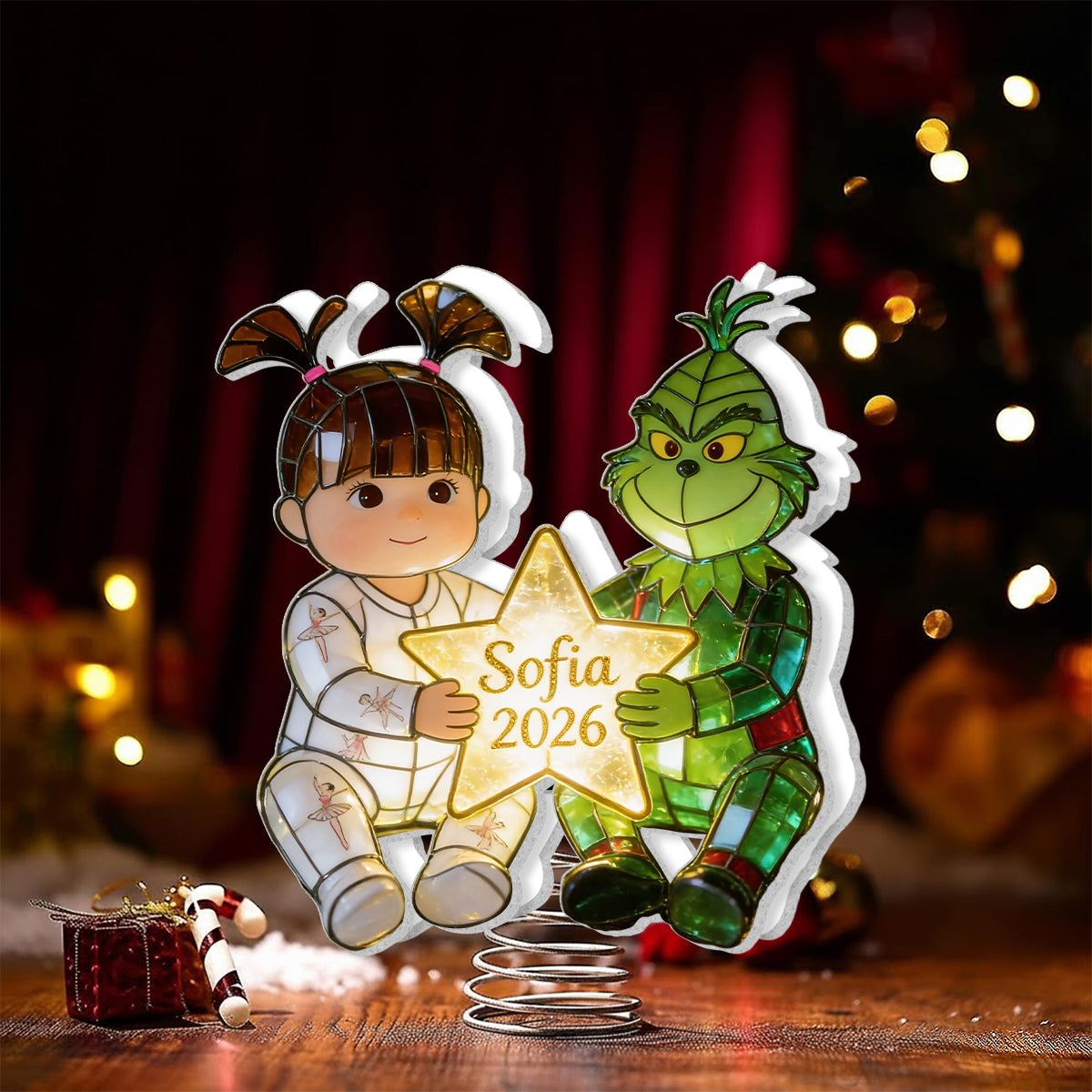 Kid And Green Christmas Character - Personalized Stole Christmas LED Light Tree Topper