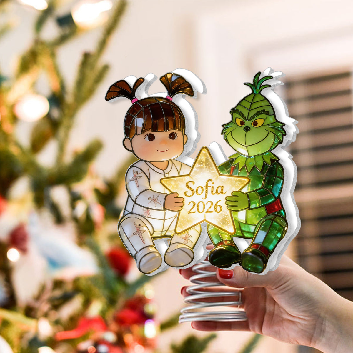 Kid And Green Christmas Character - Personalized Stole Christmas LED Light Tree Topper