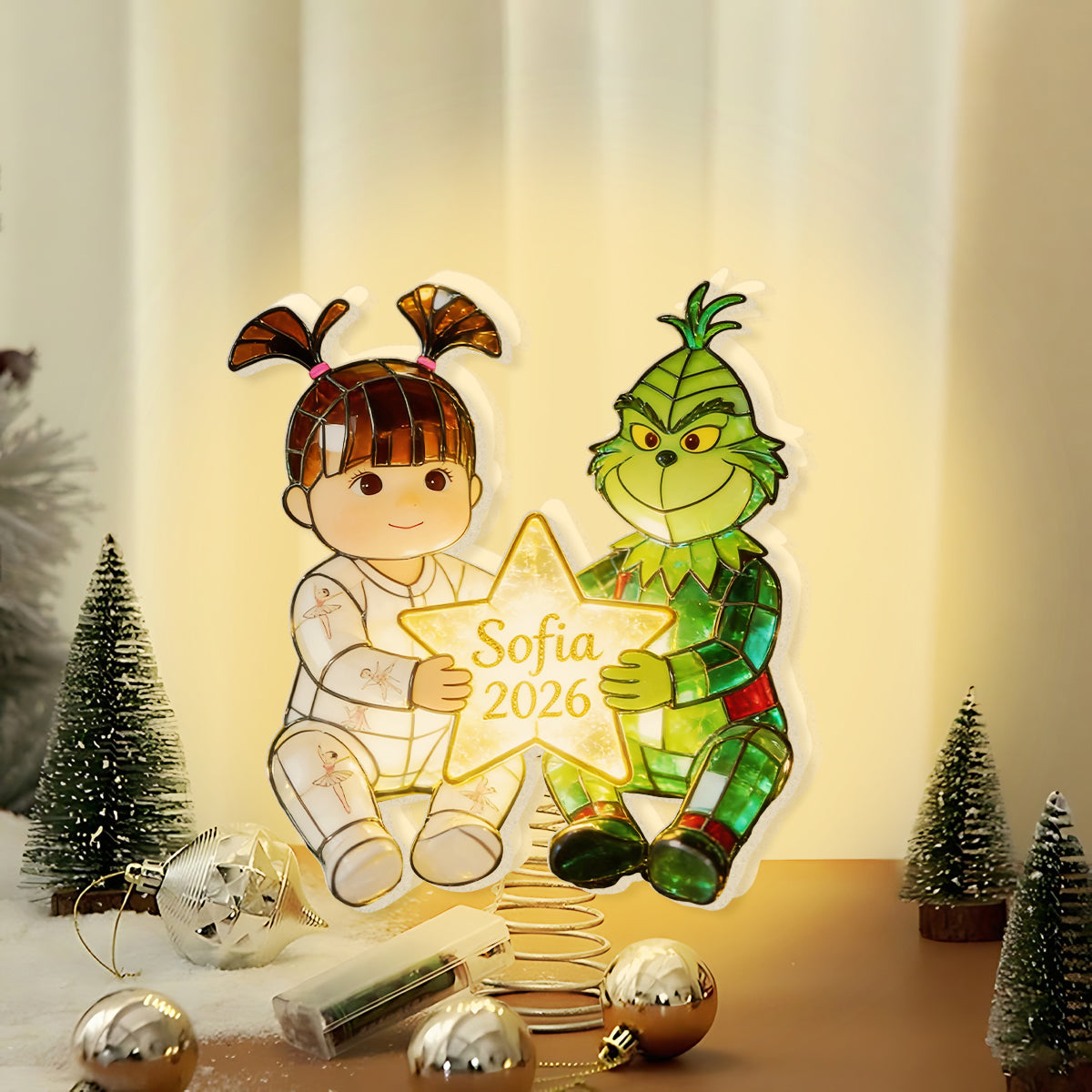 Kid And Green Christmas Character - Personalized Stole Christmas LED Light Tree Topper