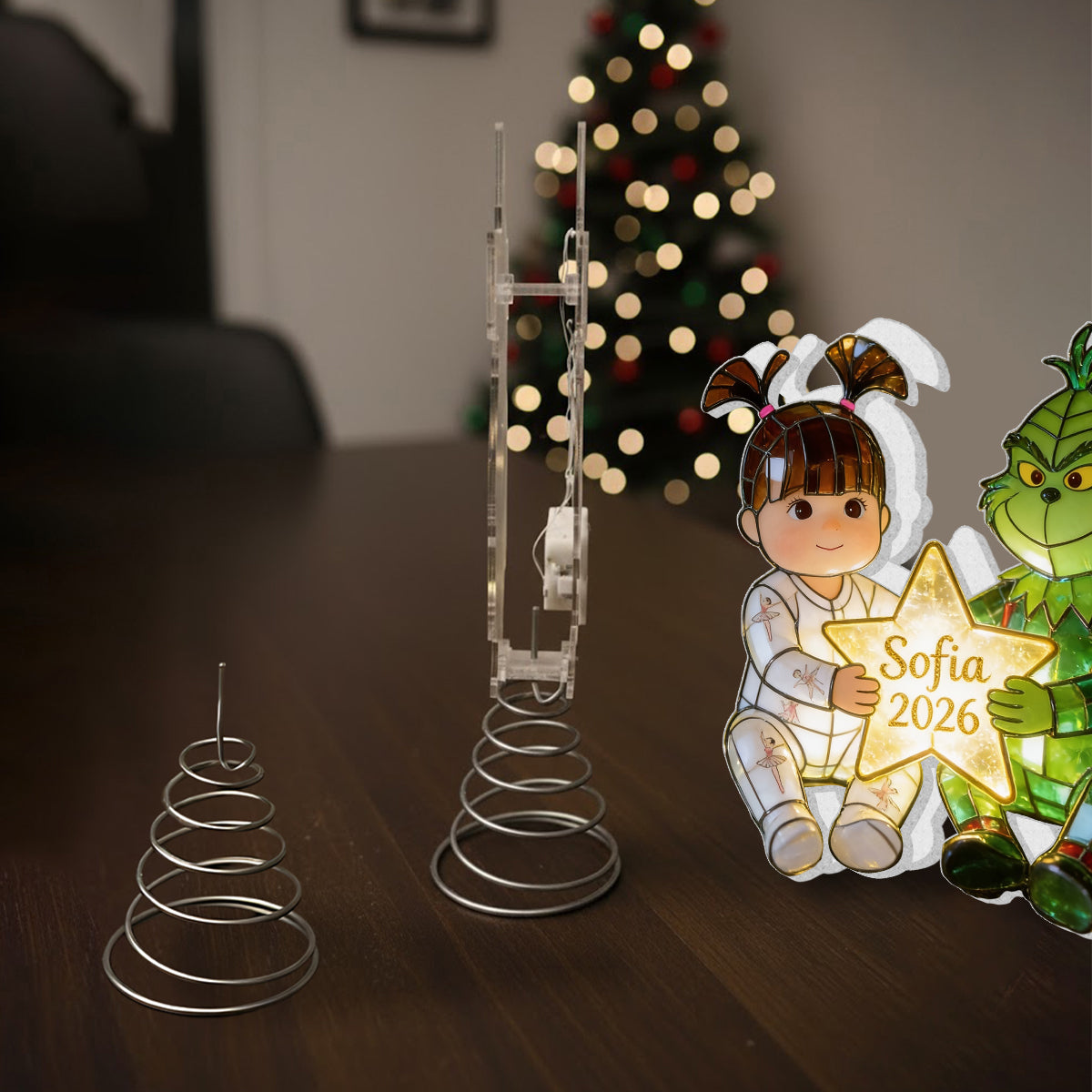 Kid And Green Christmas Character - Personalized Stole Christmas LED Light Tree Topper