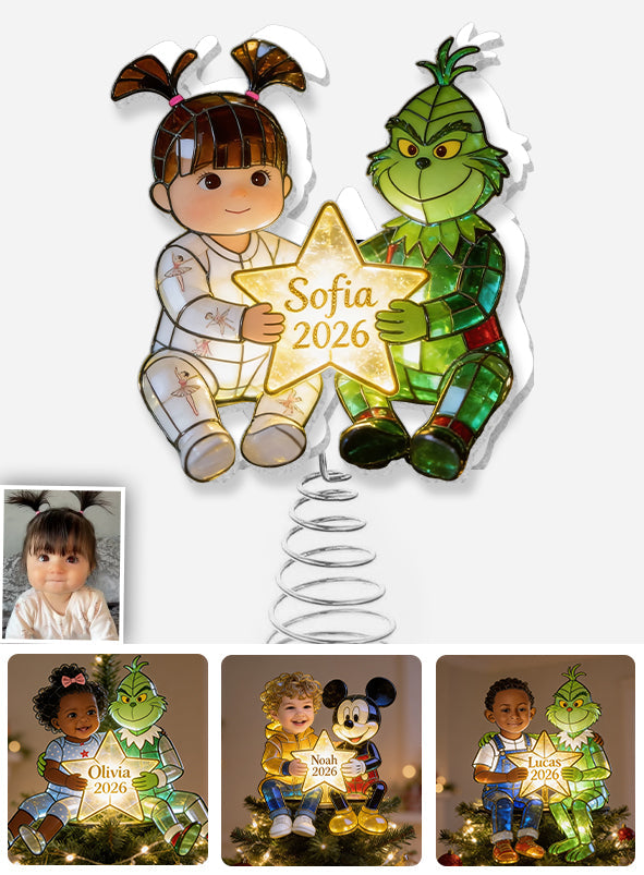 Kid And Green Christmas Character - Personalized Stole Christmas LED Light Tree Topper