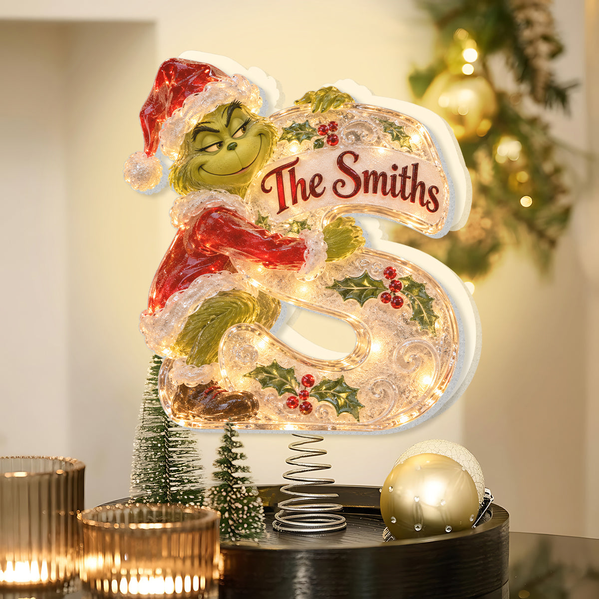Green Mischief Custom Initial - Personalized Stole Christmas LED Light Tree Topper