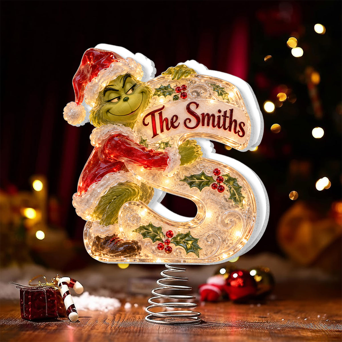 Green Mischief Custom Initial - Personalized Stole Christmas LED Light Tree Topper