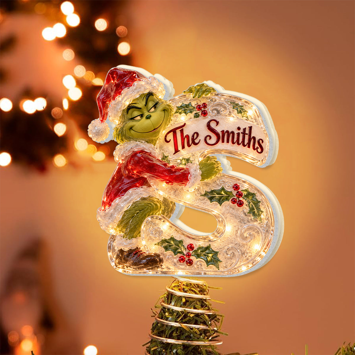 Green Mischief Custom Initial - Personalized Stole Christmas LED Light Tree Topper
