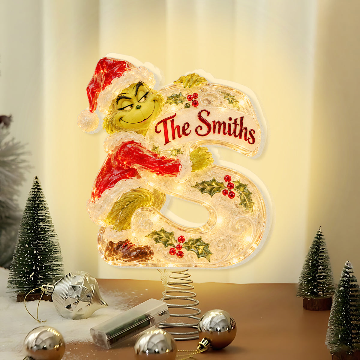 Green Mischief Custom Initial - Personalized Stole Christmas LED Light Tree Topper