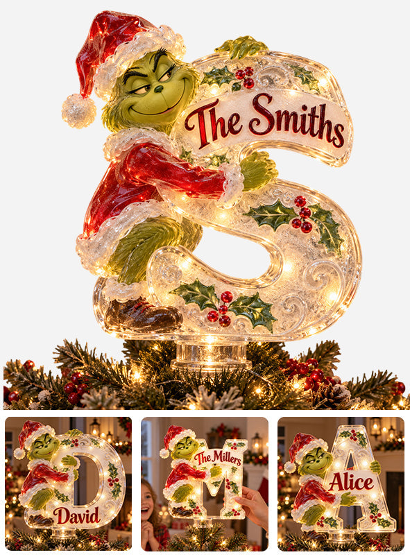 Green Mischief Custom Initial - Personalized Stole Christmas LED Light Tree Topper