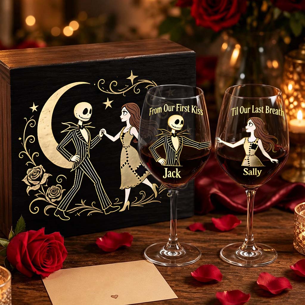 From Our First Kiss Til Our Last Breath - Personalized Nightmare Wine Glasses Set With Wooden Box