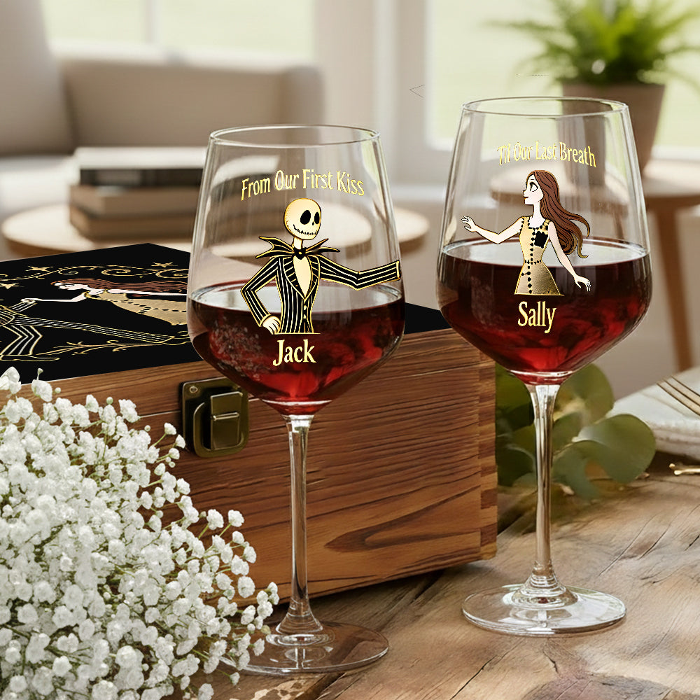 From Our First Kiss Til Our Last Breath - Personalized Nightmare Wine Glasses Set With Wooden Box