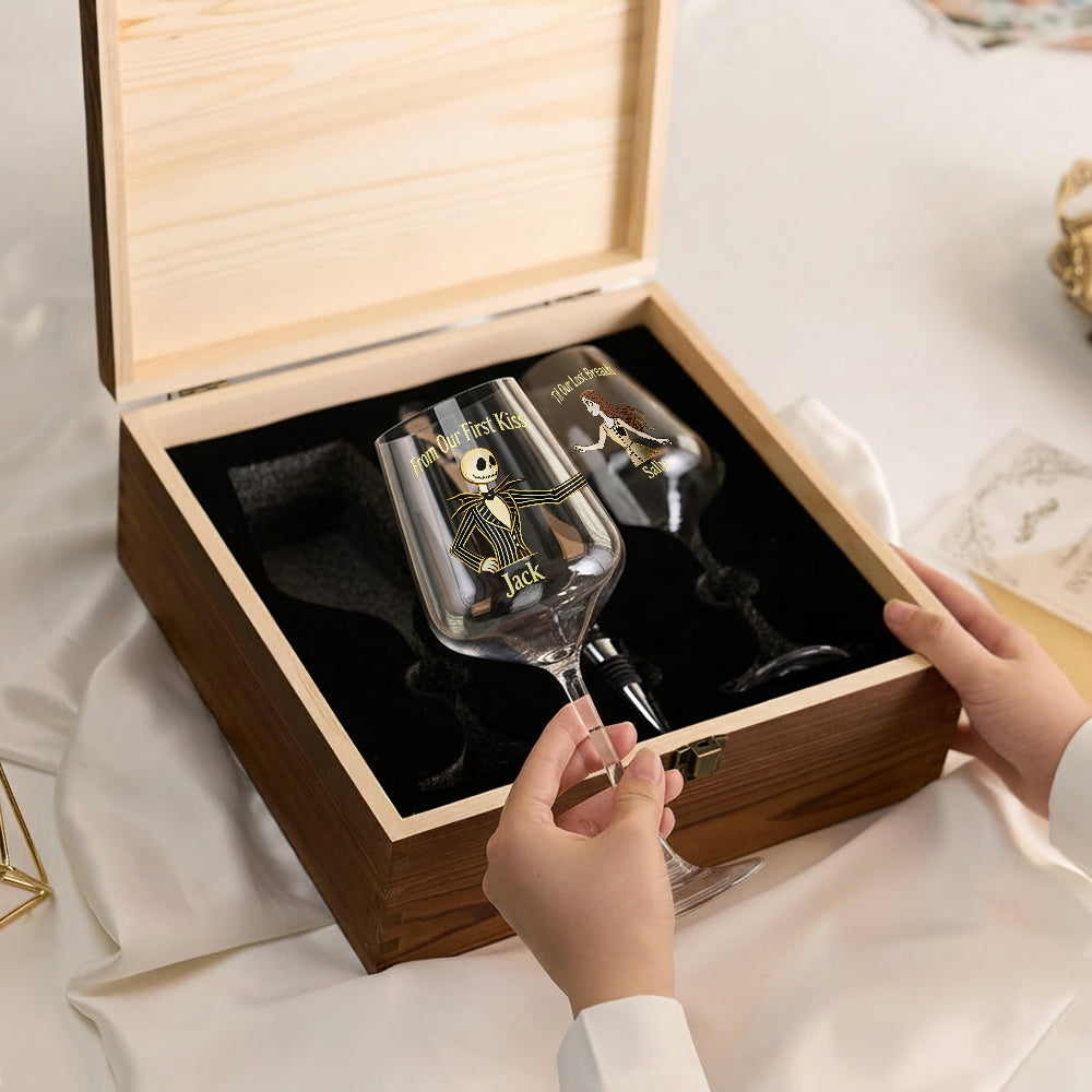 From Our First Kiss Til Our Last Breath - Personalized Nightmare Wine Glasses Set With Wooden Box