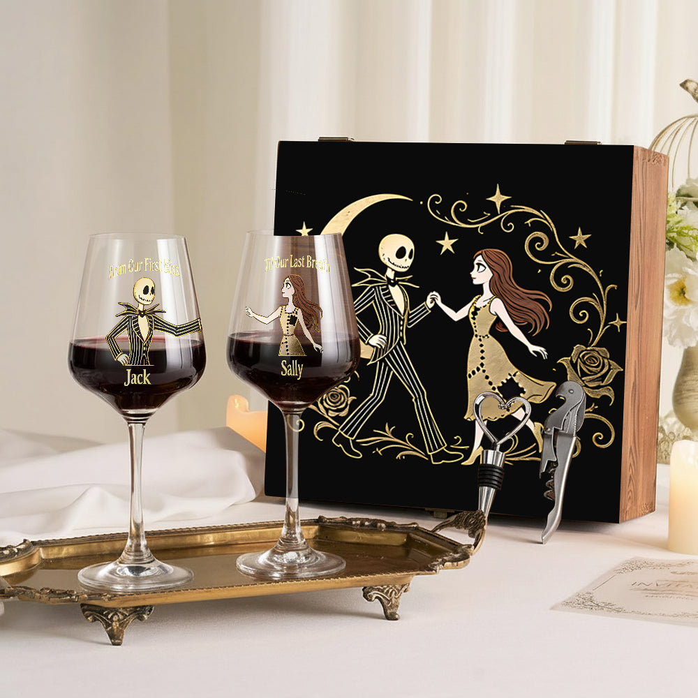 From Our First Kiss Til Our Last Breath - Personalized Nightmare Wine Glasses Set With Wooden Box