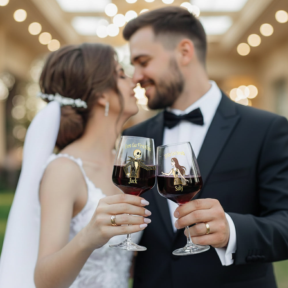 From Our First Kiss Til Our Last Breath - Personalized Nightmare Wine Glasses Set With Wooden Box