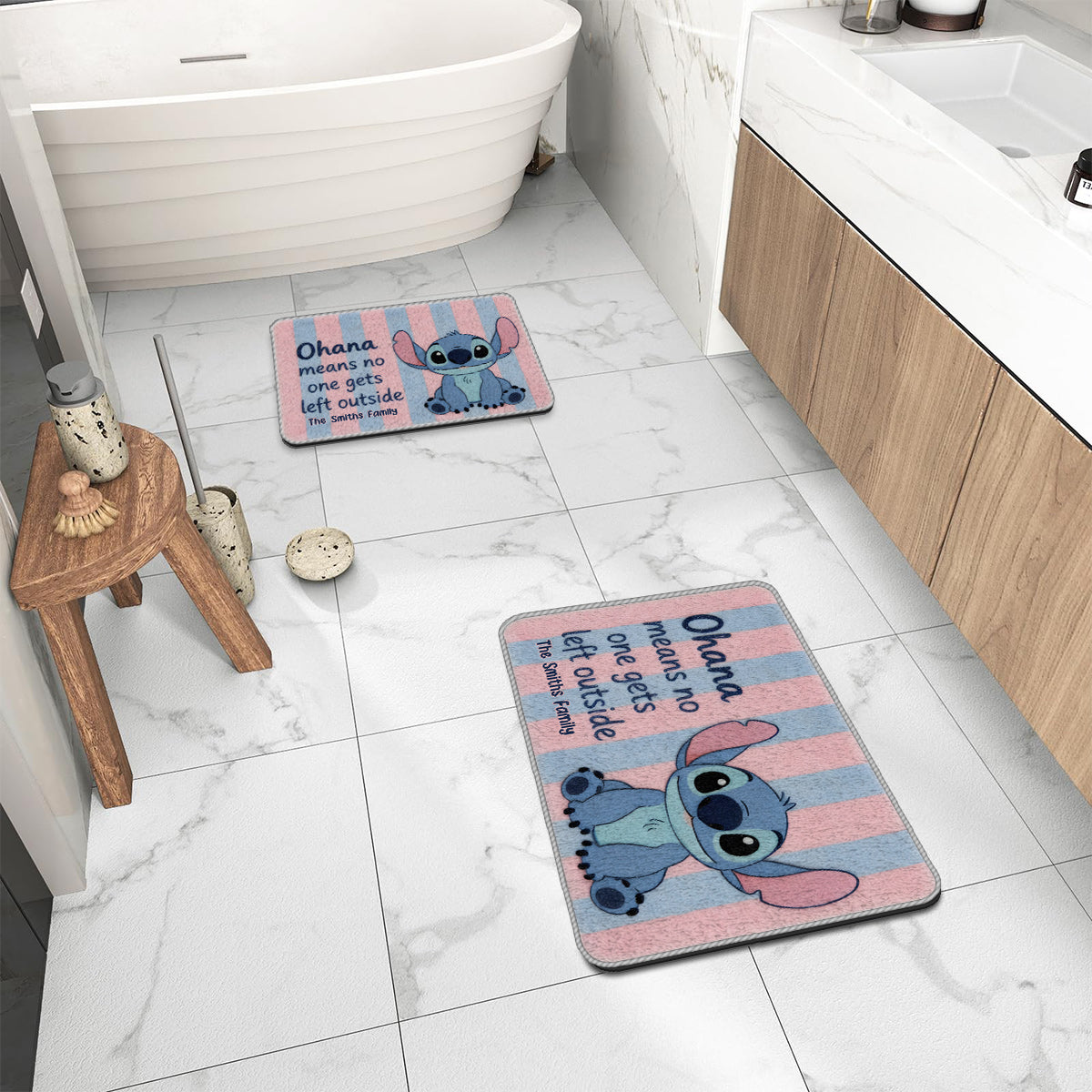 No One Gets Left Outside Pastel Pink Blue Stripes - Personalized Ohana Non-Slip Tufted Rug