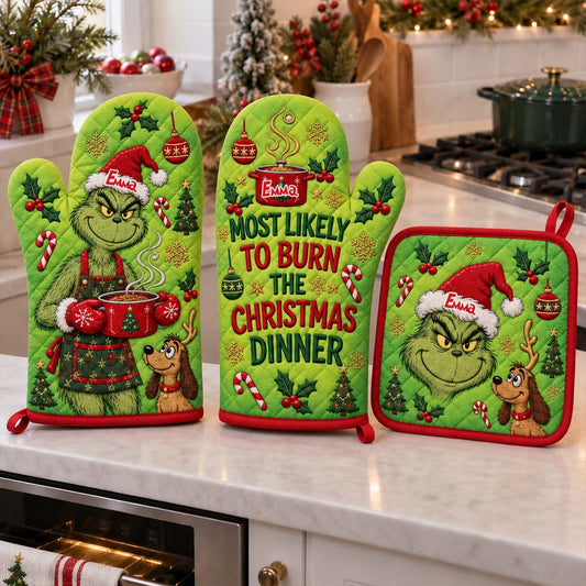 Most Likely To Burn The Christmas Dinner - Personalized Stole Christmas Oven Mitts & Pot Holder Set