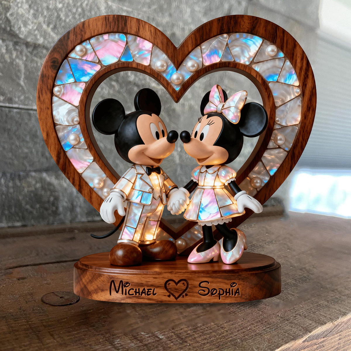 Mother Of Pearl Styled Mouse Couple - Personalized Mouse Custom Shaped Wood Plaque