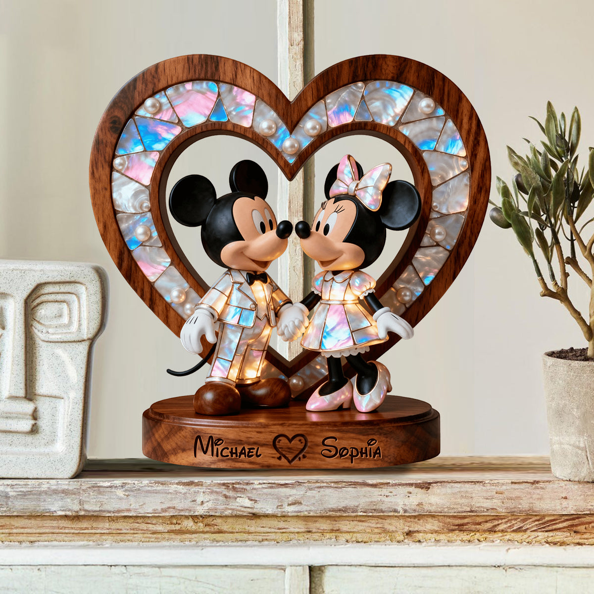 Mother Of Pearl Styled Mouse Couple - Personalized Mouse Custom Shaped Wood Plaque