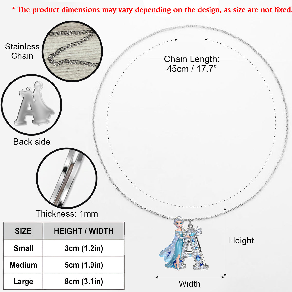 Enchanted Snow Initial - Personalized Beautiful Princess Shaped Metal Pendant Necklace