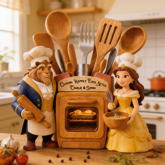 Beauty The Beast, Love At First Bite - Personalized Beauty And The Beast Wooden Desk Organizer