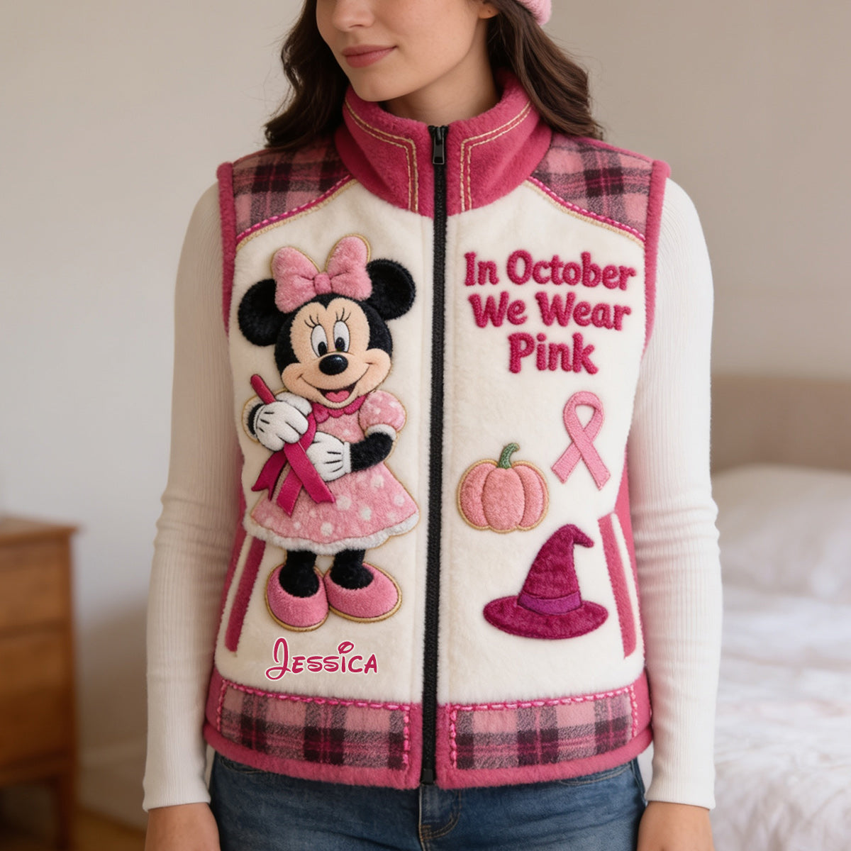 In October We Wear Pink - Personalized Breast Cancer Awareness Flannel Fleece Vest