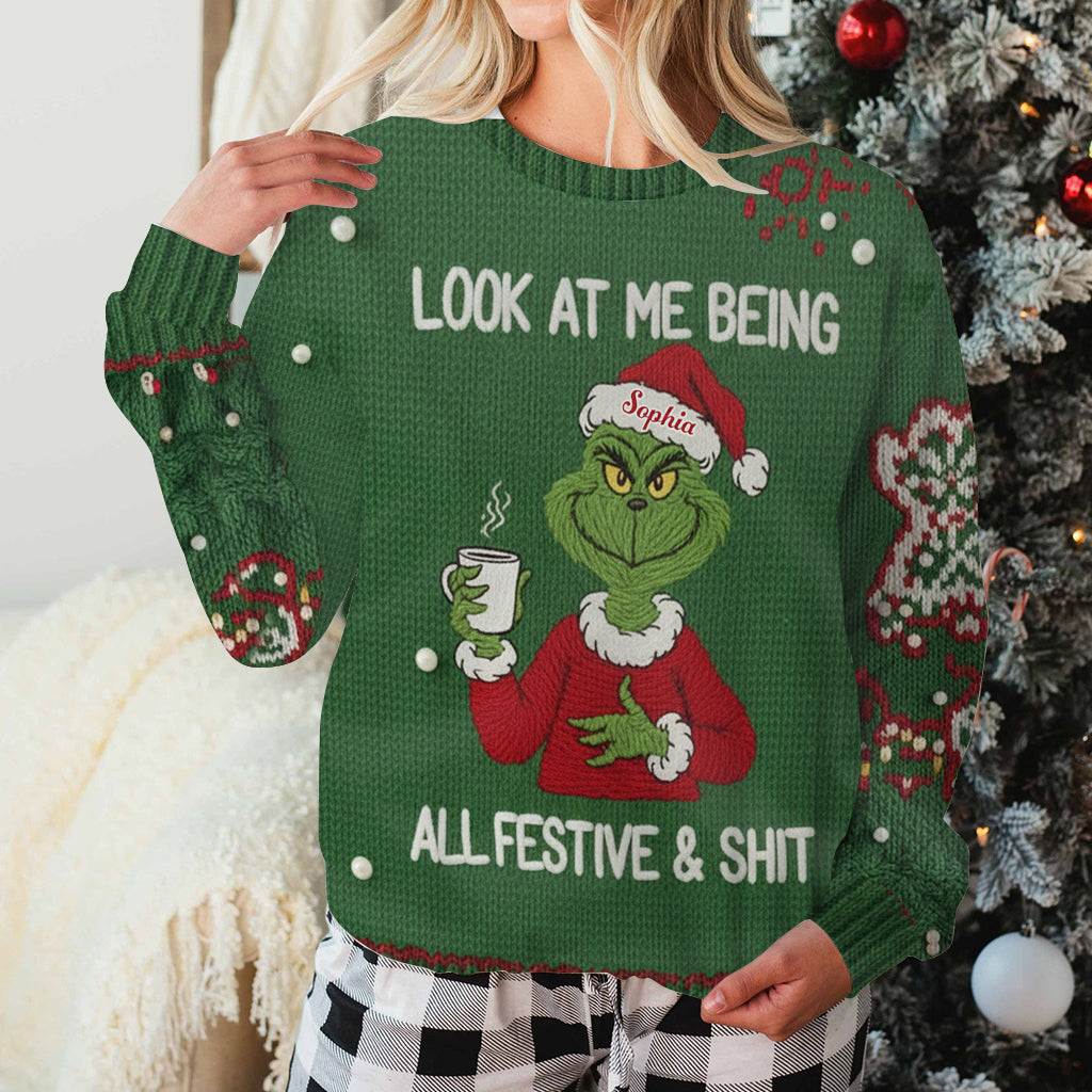 Naughty Greenmas Mood - Personalized Stole Christmas Ugly Sweater