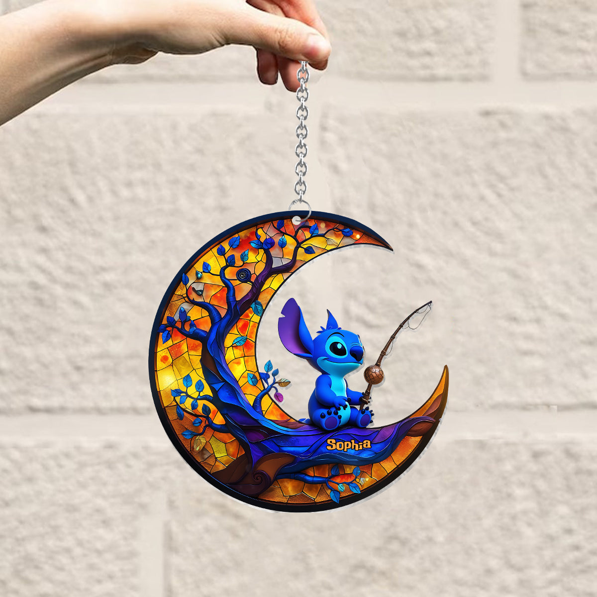 Monster Fishing on The Moon - Personalized Ohana Window Hanging Suncatcher Ornament