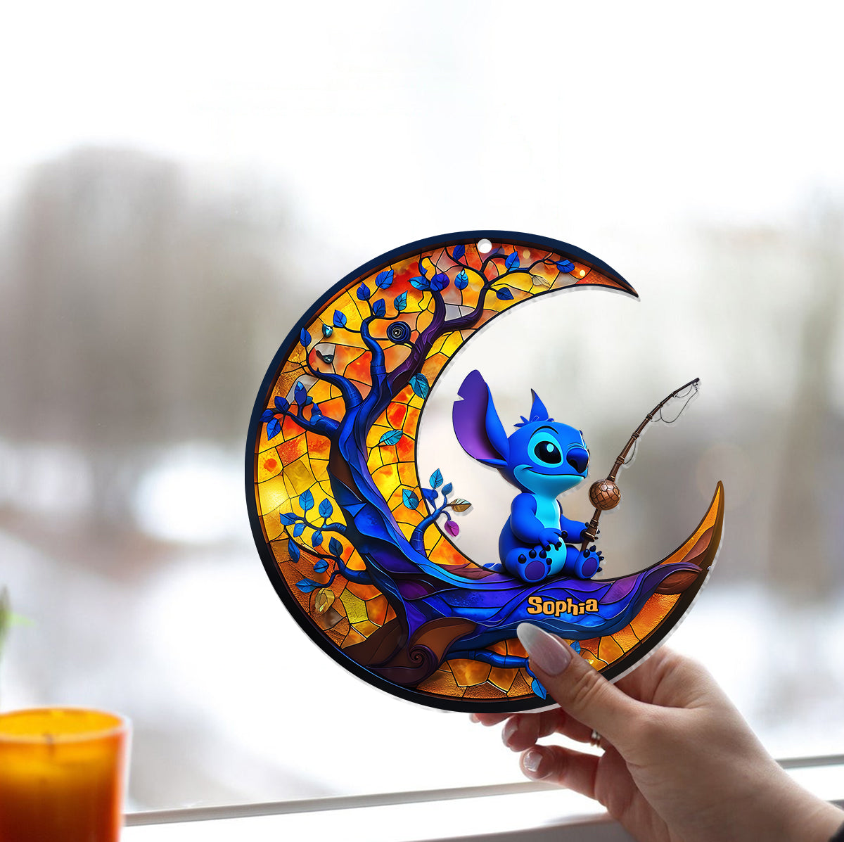 Monster Fishing on The Moon - Personalized Ohana Window Hanging Suncatcher Ornament