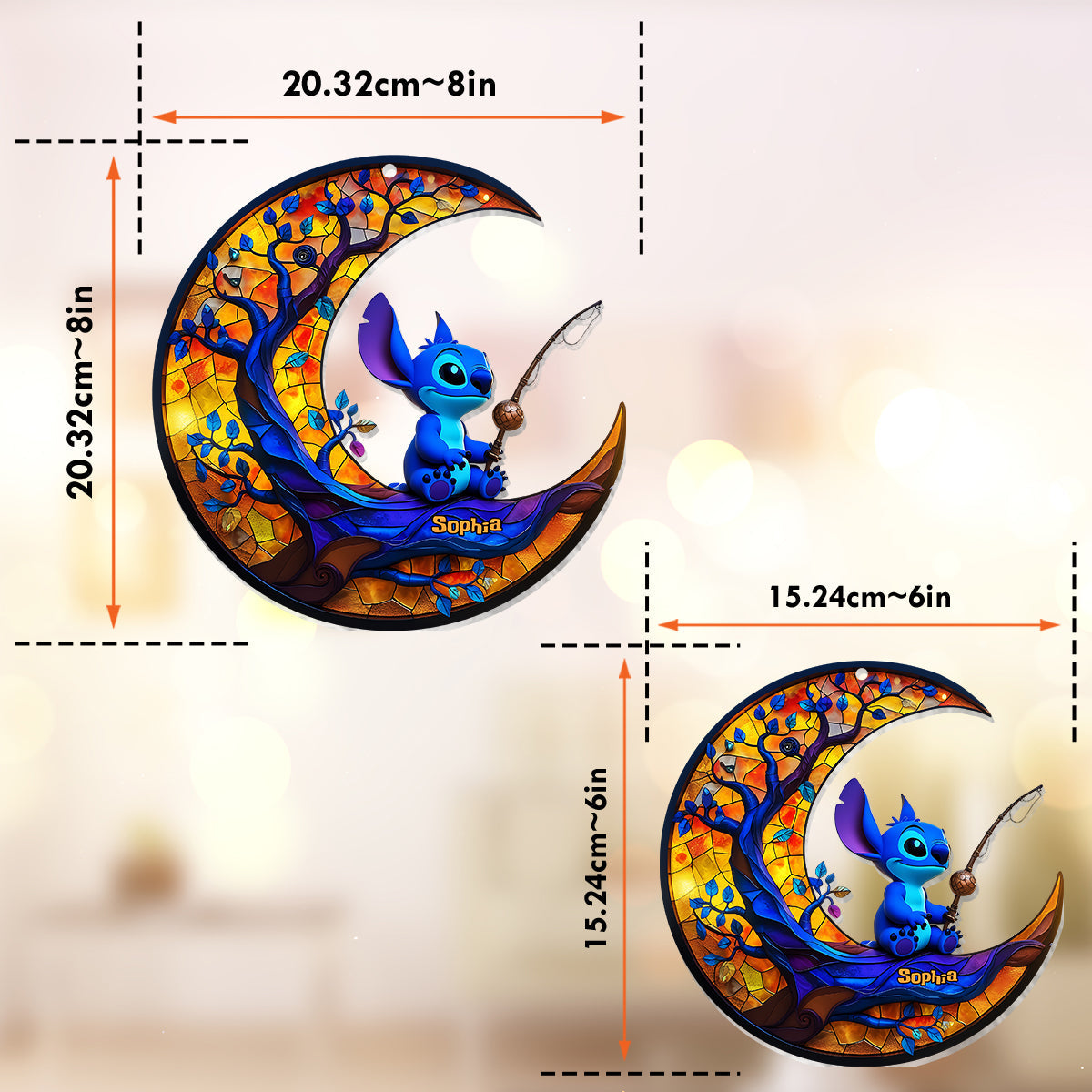Monster Fishing on The Moon - Personalized Ohana Window Hanging Suncatcher Ornament