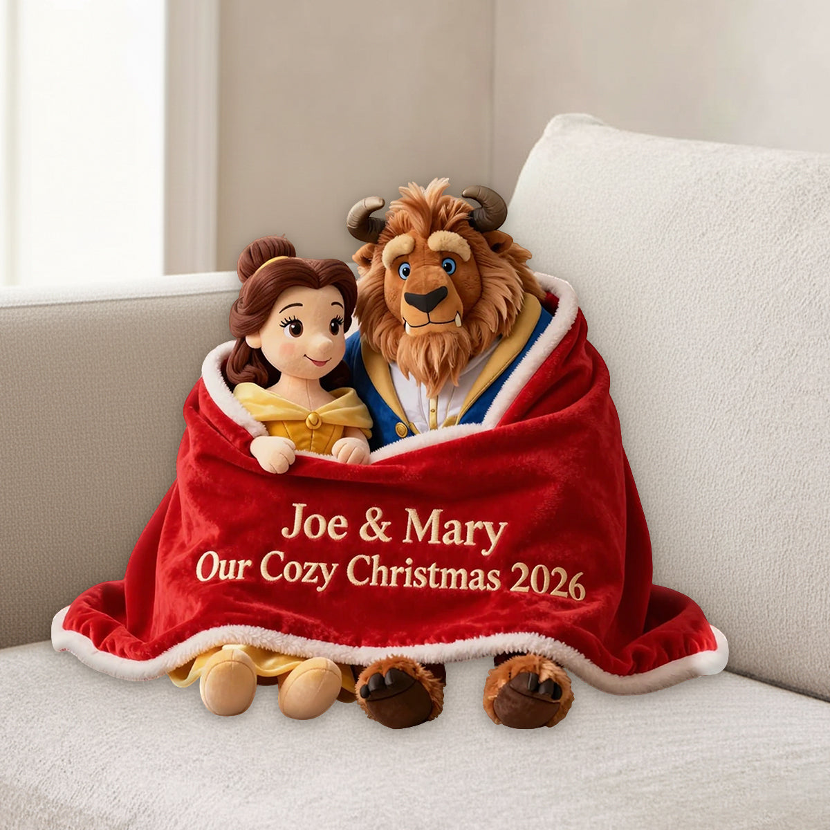 Couple Cozy Christmas - Personalized Beauty And The Beast Premium Faux Fur Pillow