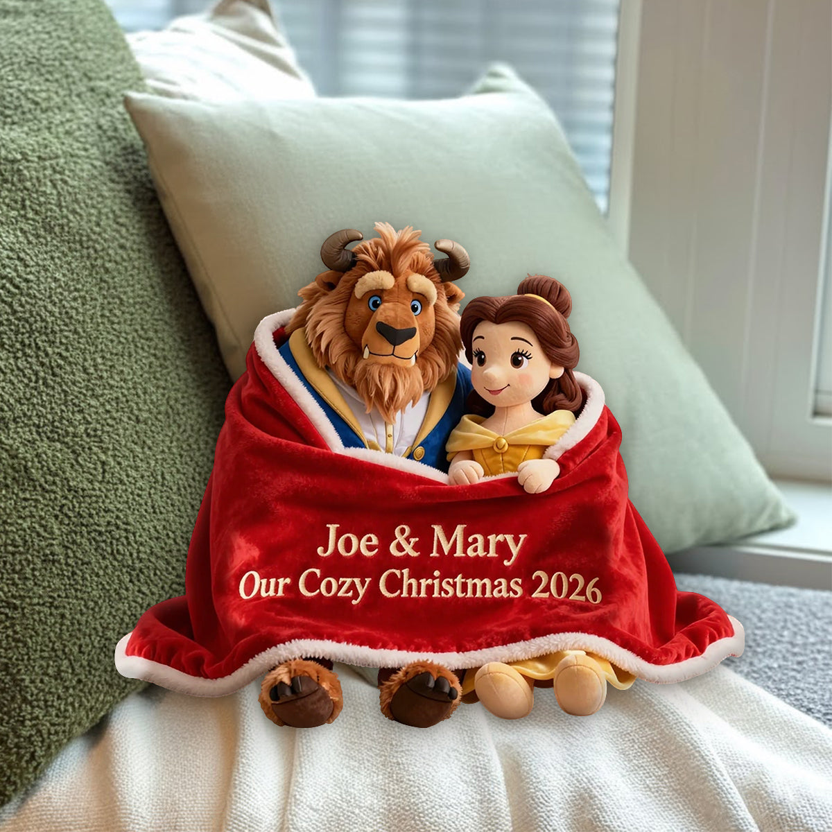 Couple Cozy Christmas - Personalized Beauty And The Beast Premium Faux Fur Pillow