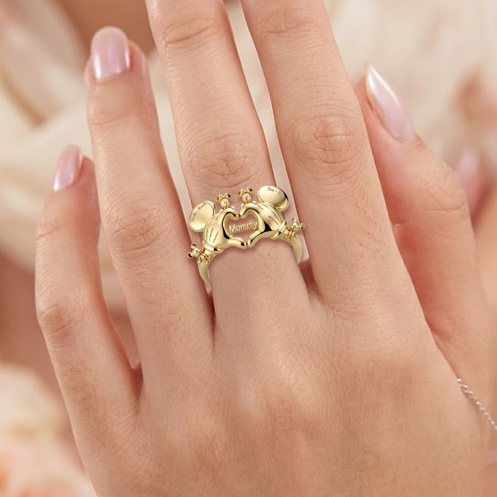 Mommy Mouse Love Heart - Personalized Mouse Adjustable Shaped Ring