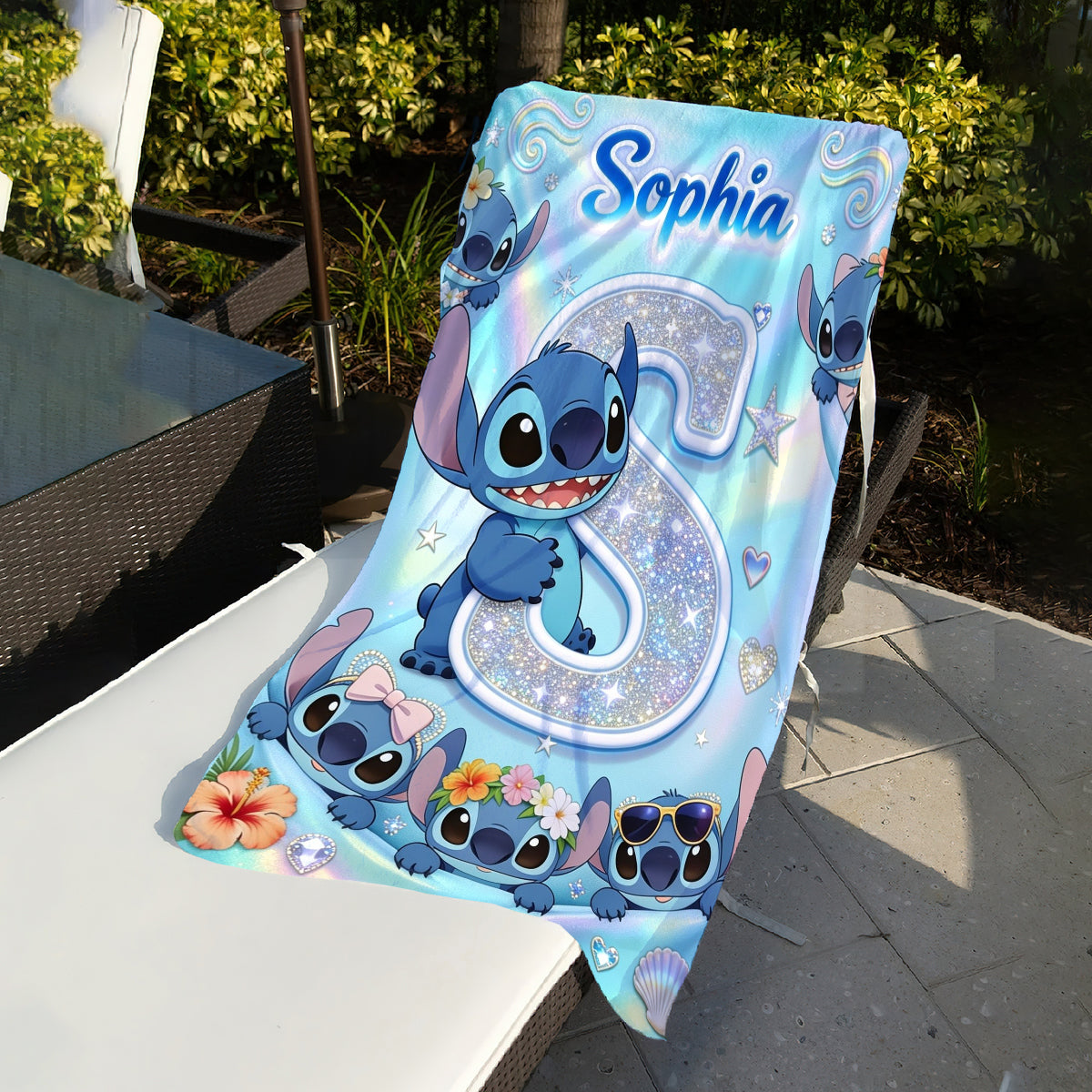 Cute Blue Alien With Letter - Personalized Ohana Quick-dry Beach Towel/ Bath Towel