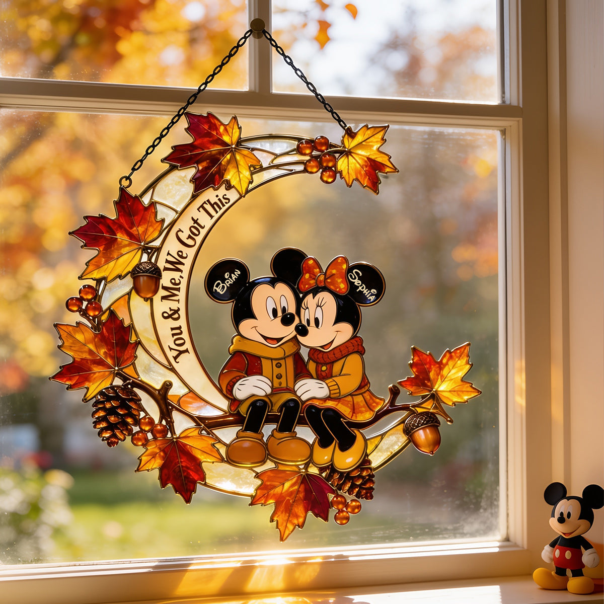Autumn Cartoon Mouse Couple - Personalized Mouse 3D Printed Glass Suncatcher
