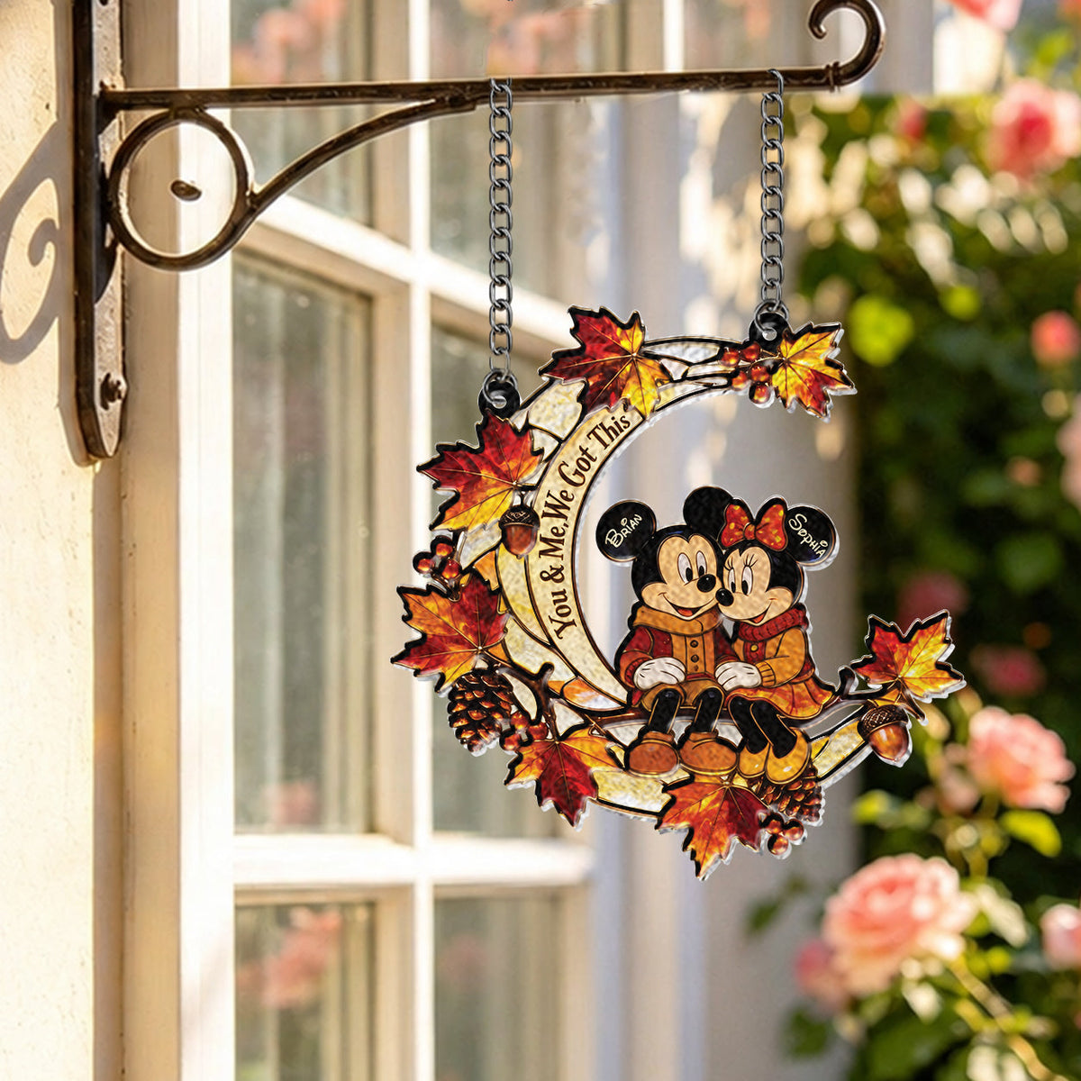 Autumn Cartoon Mouse Couple - Personalized Mouse 3D Printed Glass Suncatcher