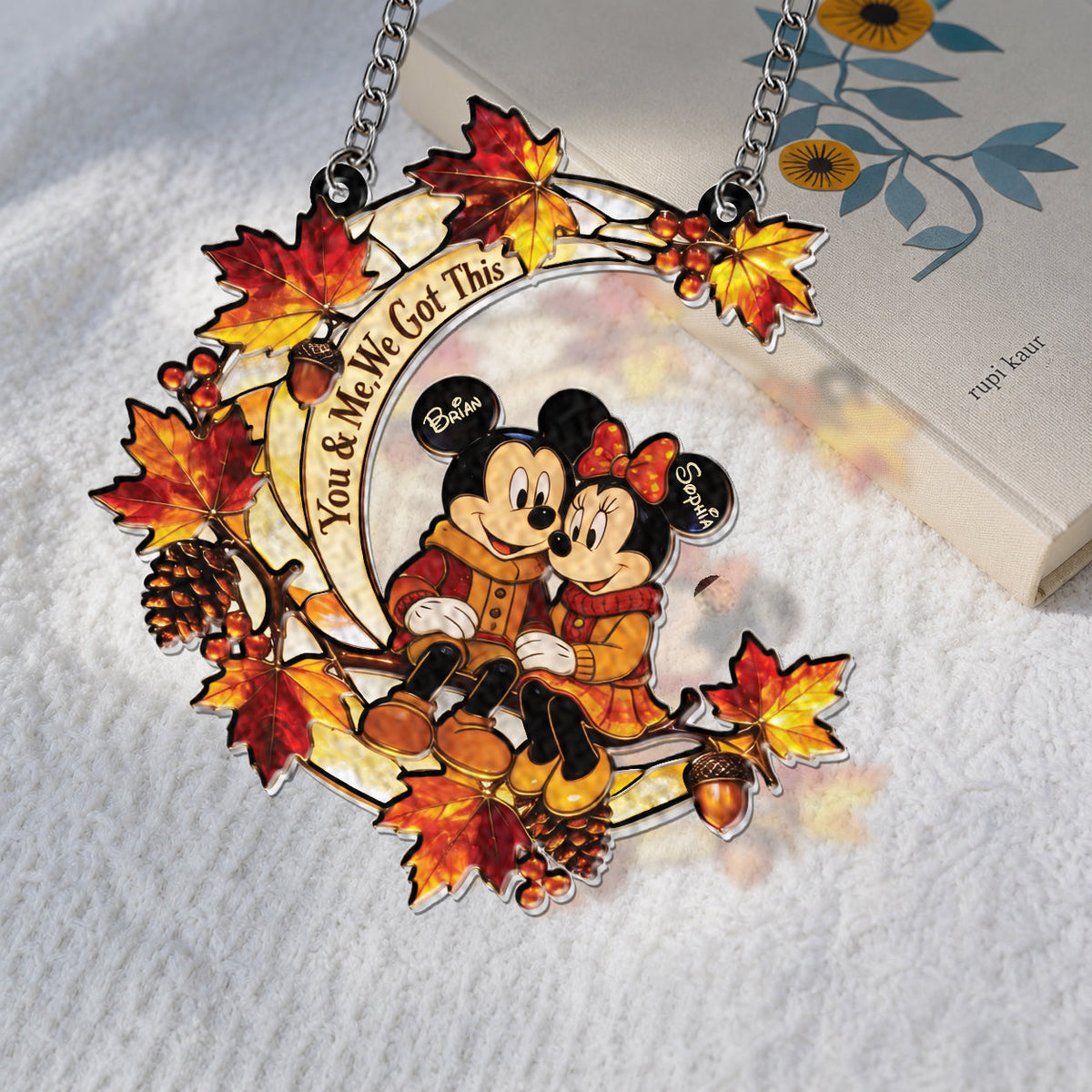 Autumn Cartoon Mouse Couple - Personalized Mouse 3D Printed Glass Suncatcher