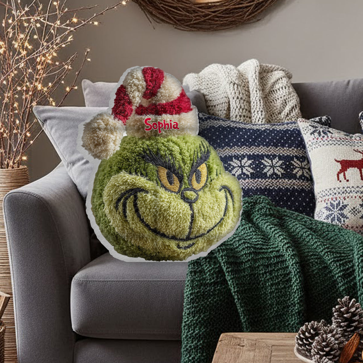 Any Name Green Monster Christmas Gift - Personalized Stole Christmas Faux Fur Shaped Pillow
