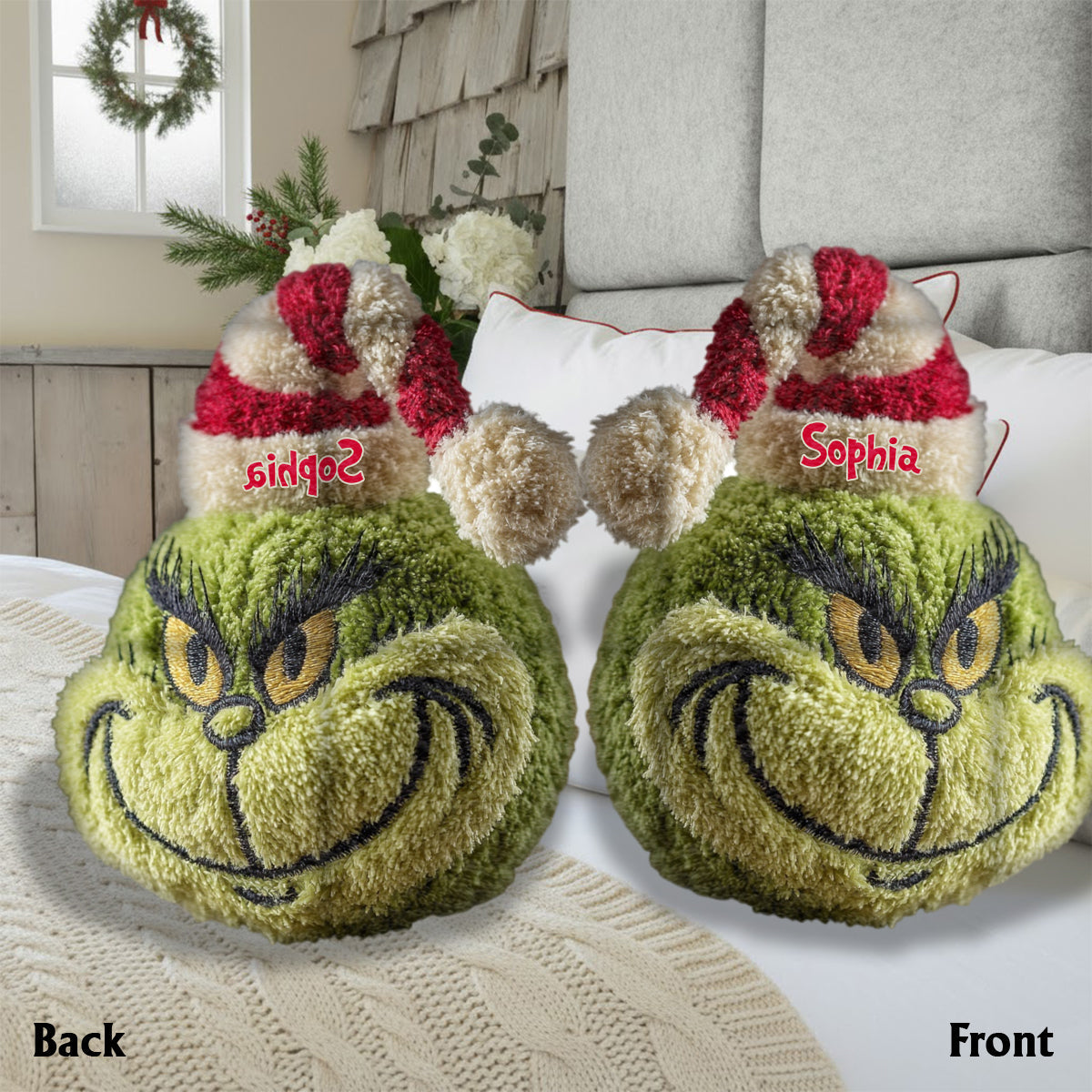 Any Name Green Monster Christmas Gift - Personalized Stole Christmas Faux Fur Shaped Pillow