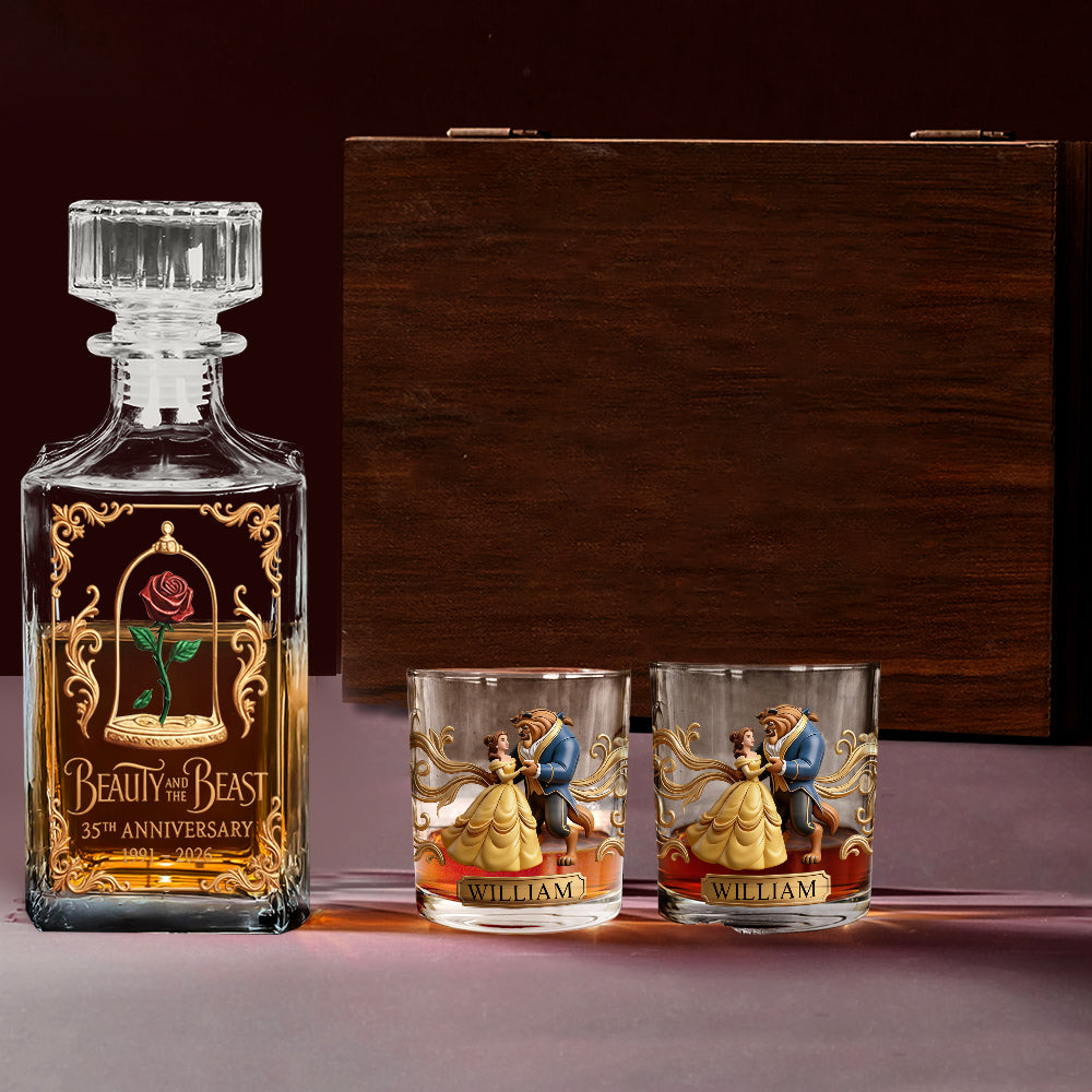 Princess And Her Beast 35th Anniversary - Personalized Beauty And The Beast Whiskey Decanter Set