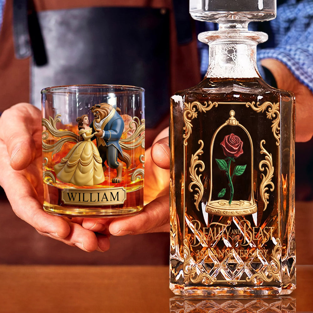 Princess And Her Beast 35th Anniversary - Personalized Beauty And The Beast Whiskey Decanter Set