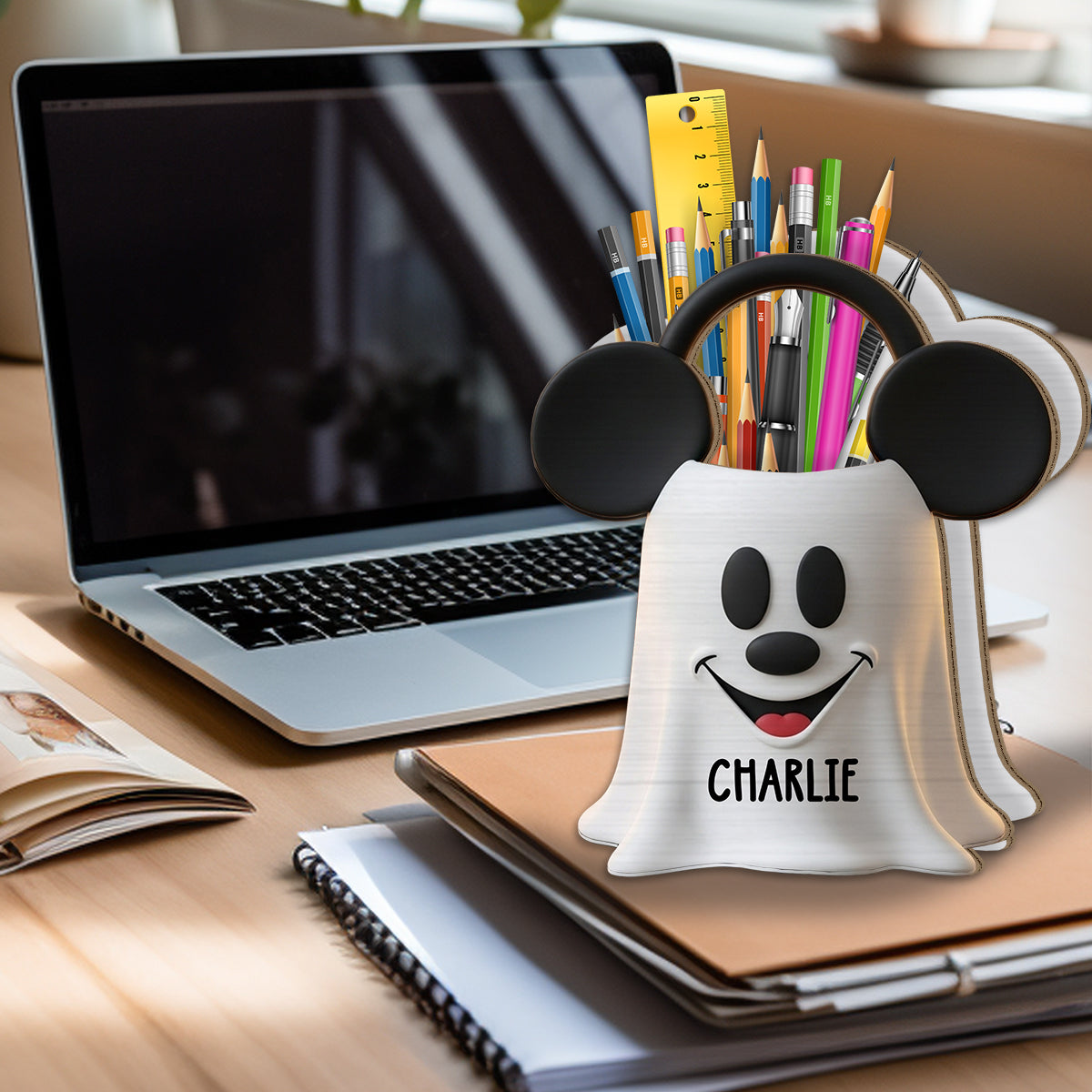 Perfect Trick Or Treat Halloween Gift For Kids - Personalized Mouse Wooden Desk Organizer