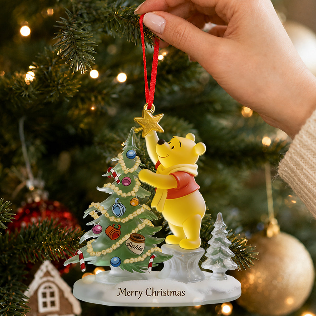 Merry Christmas - Personalized Yellow Bear Custom Shape Glass Ornament