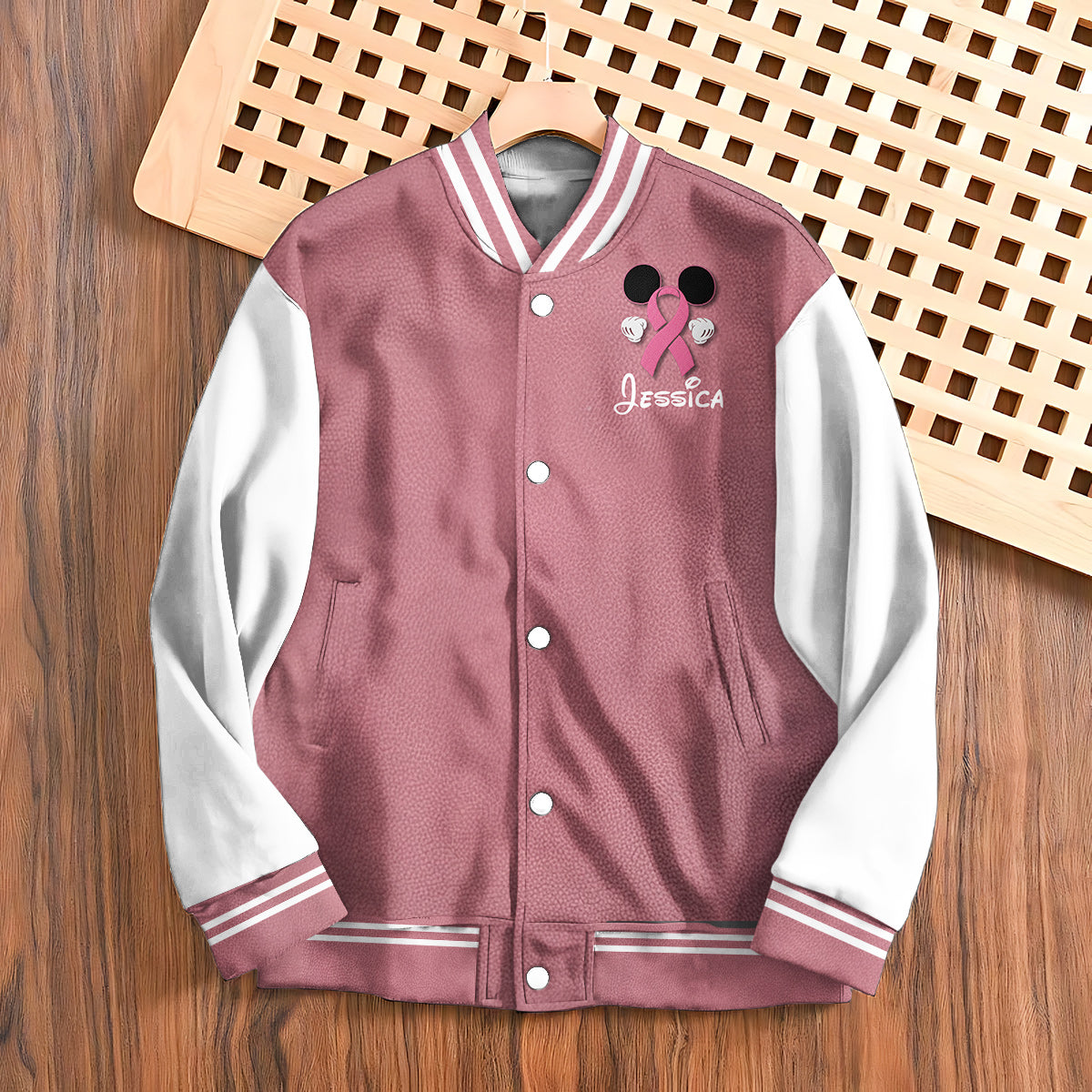 No One Fights Alone Mouse Ears Pink Ribbon - Personalized Breast Cancer Awareness Varsity Jacket