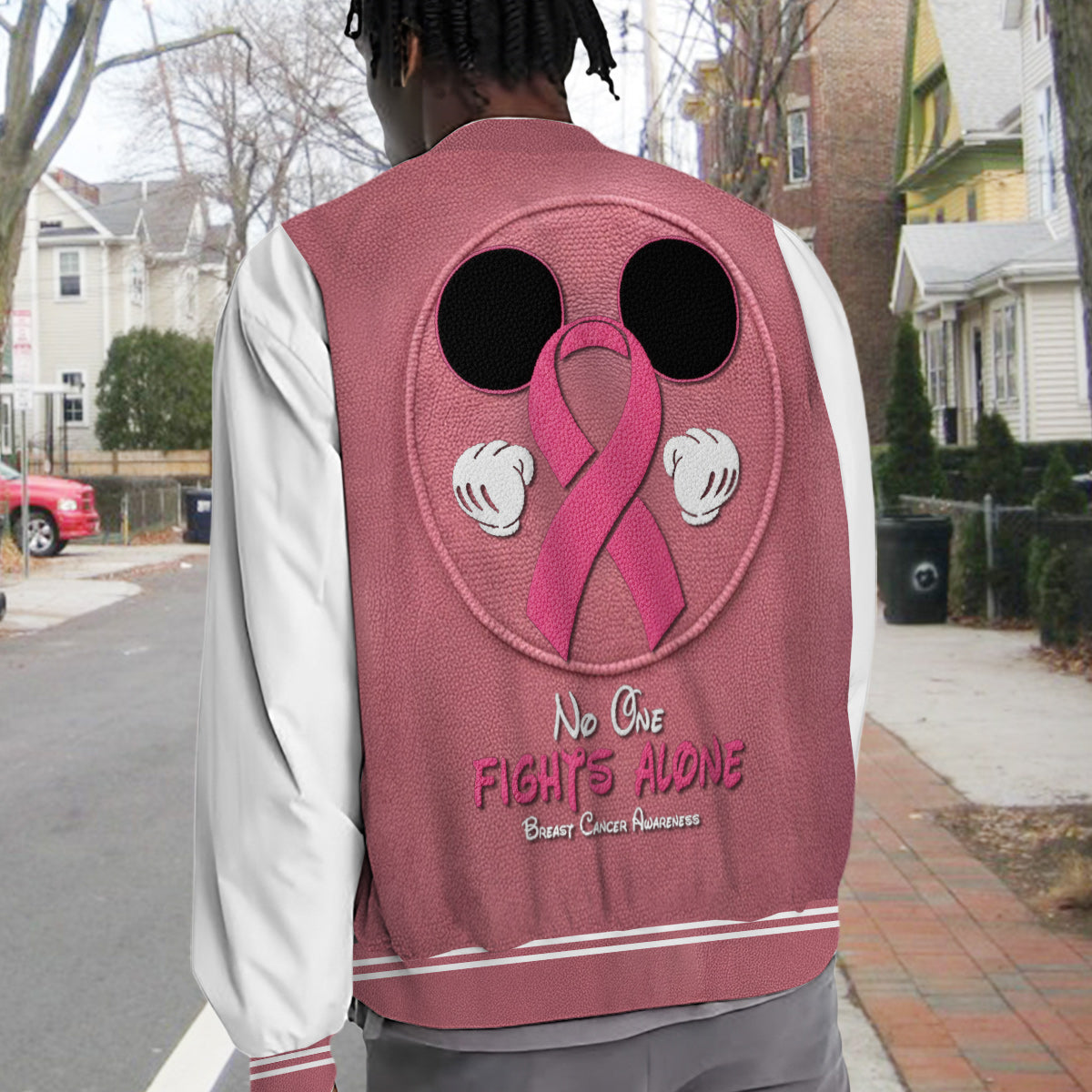 No One Fights Alone Mouse Ears Pink Ribbon - Personalized Breast Cancer Awareness Varsity Jacket