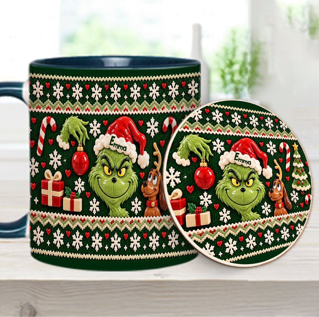 Green Mischief Ugly Pattern - Personalized Stole Christmas Accent Mug & Coaster