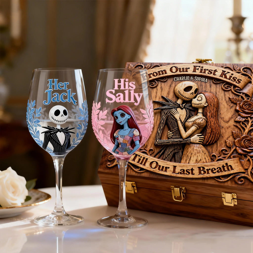 From Our First Kiss - Personalized Nightmare Wine Glasses Set With Wooden Box