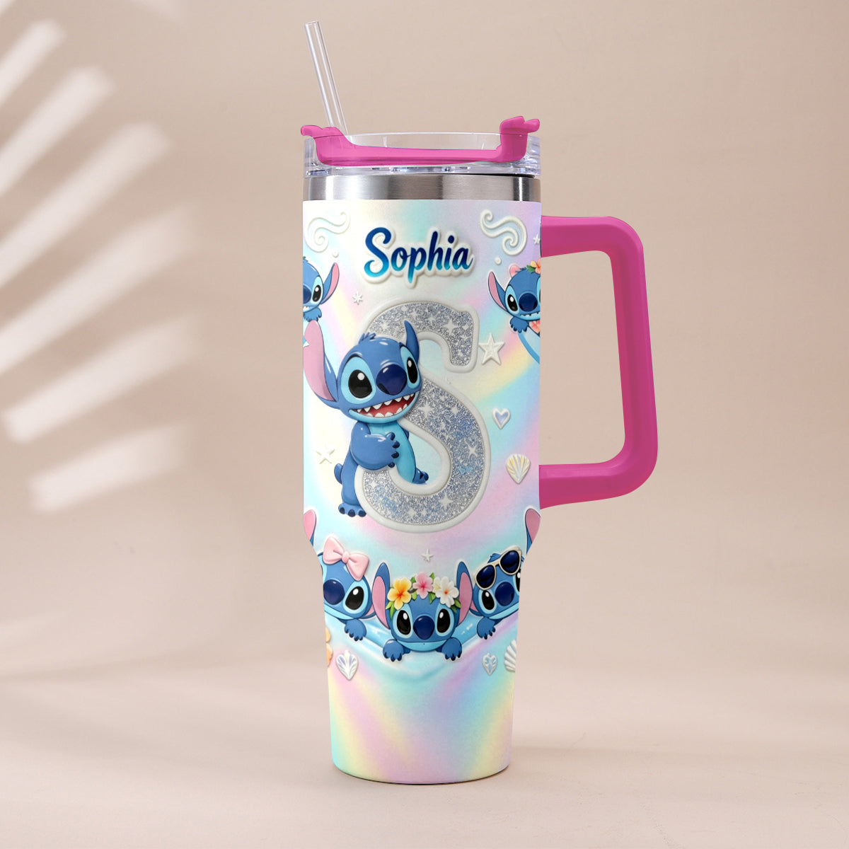 Cute Blue Alien With Letter - Personalized Ohana Tumbler With Plush Charm