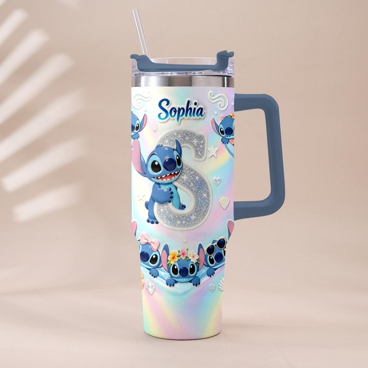 Cute Blue Alien With Letter - Personalized Ohana Tumbler With Plush Charm