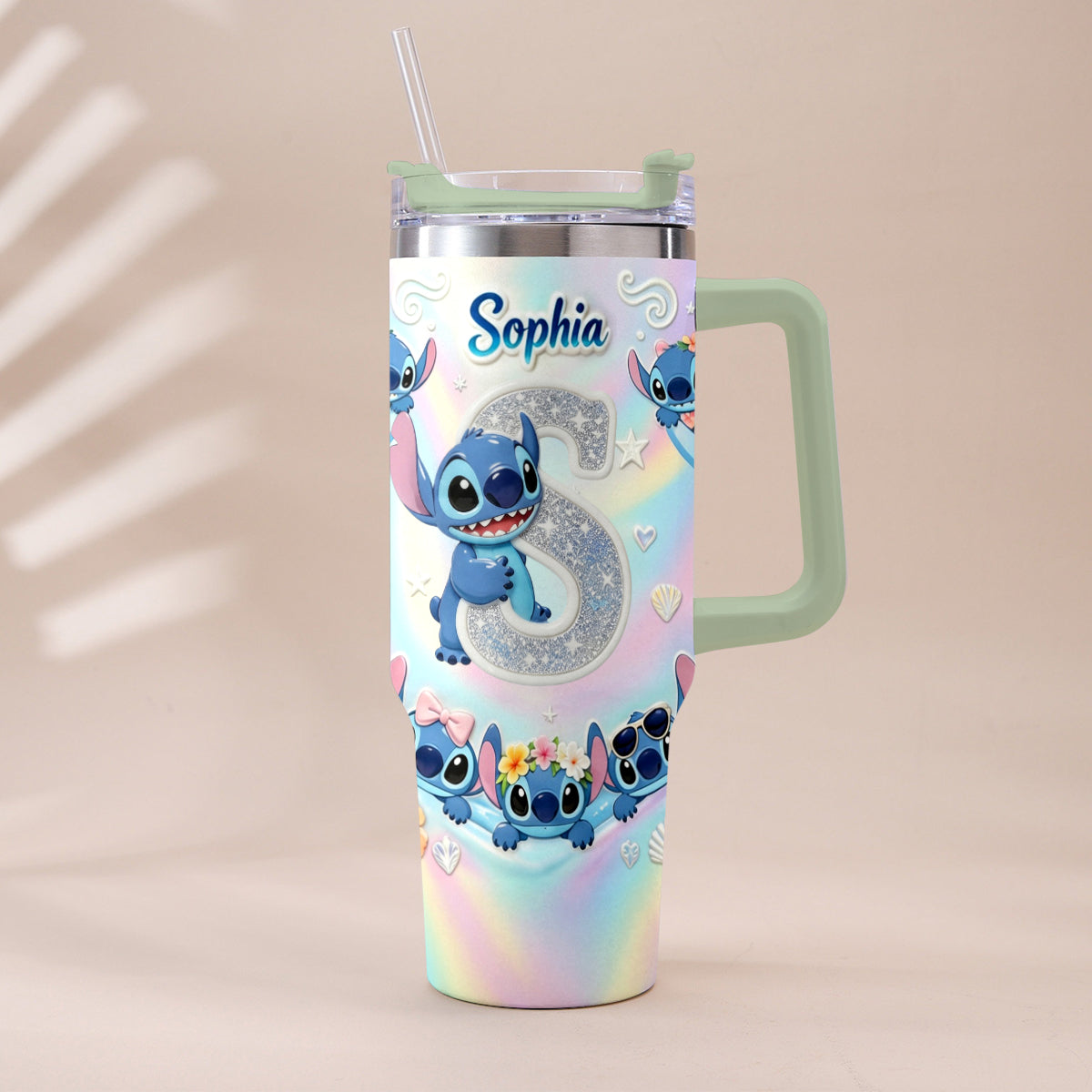 Cute Blue Alien With Letter - Personalized Ohana Tumbler With Plush Charm
