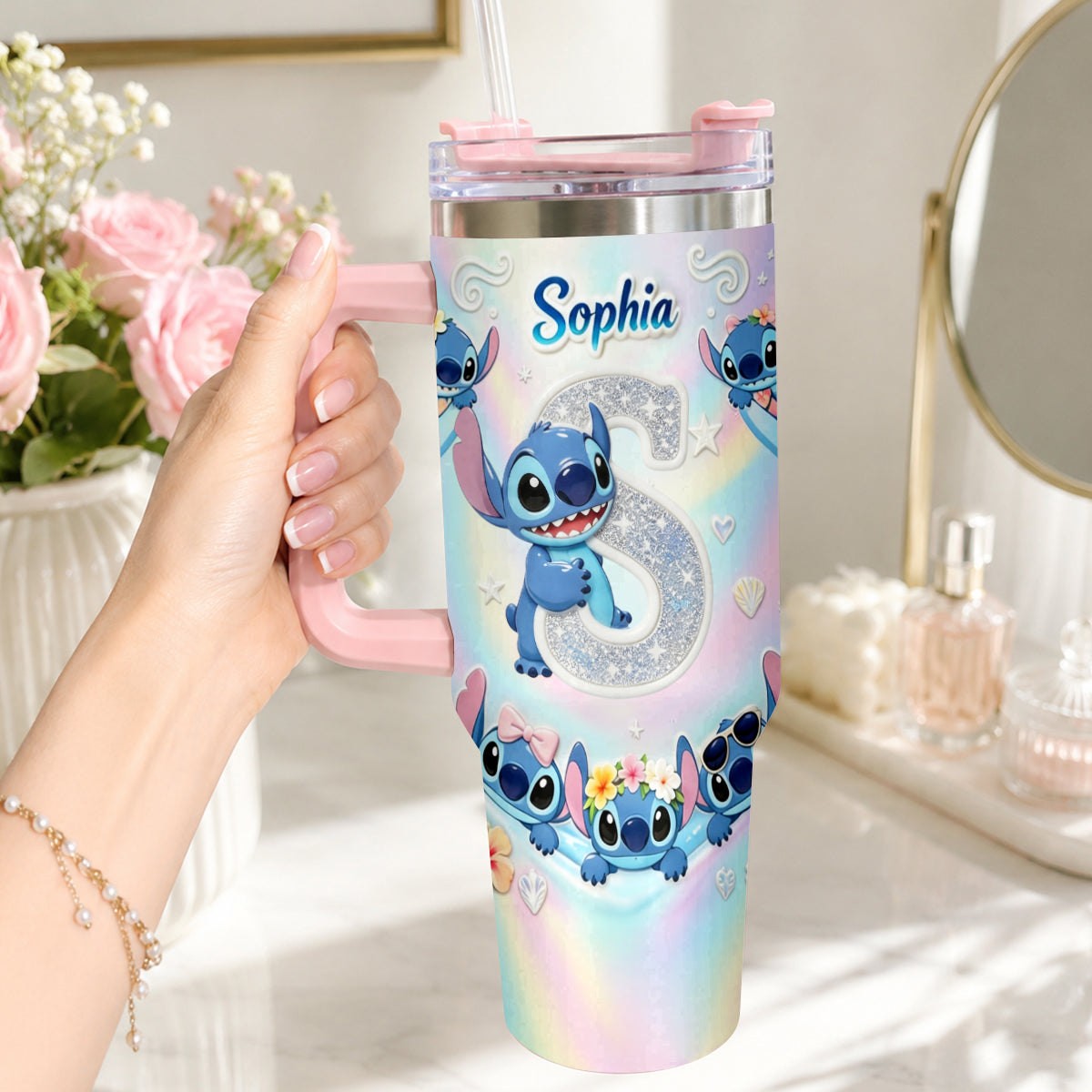 Cute Blue Alien With Letter - Personalized Ohana Tumbler With Plush Charm