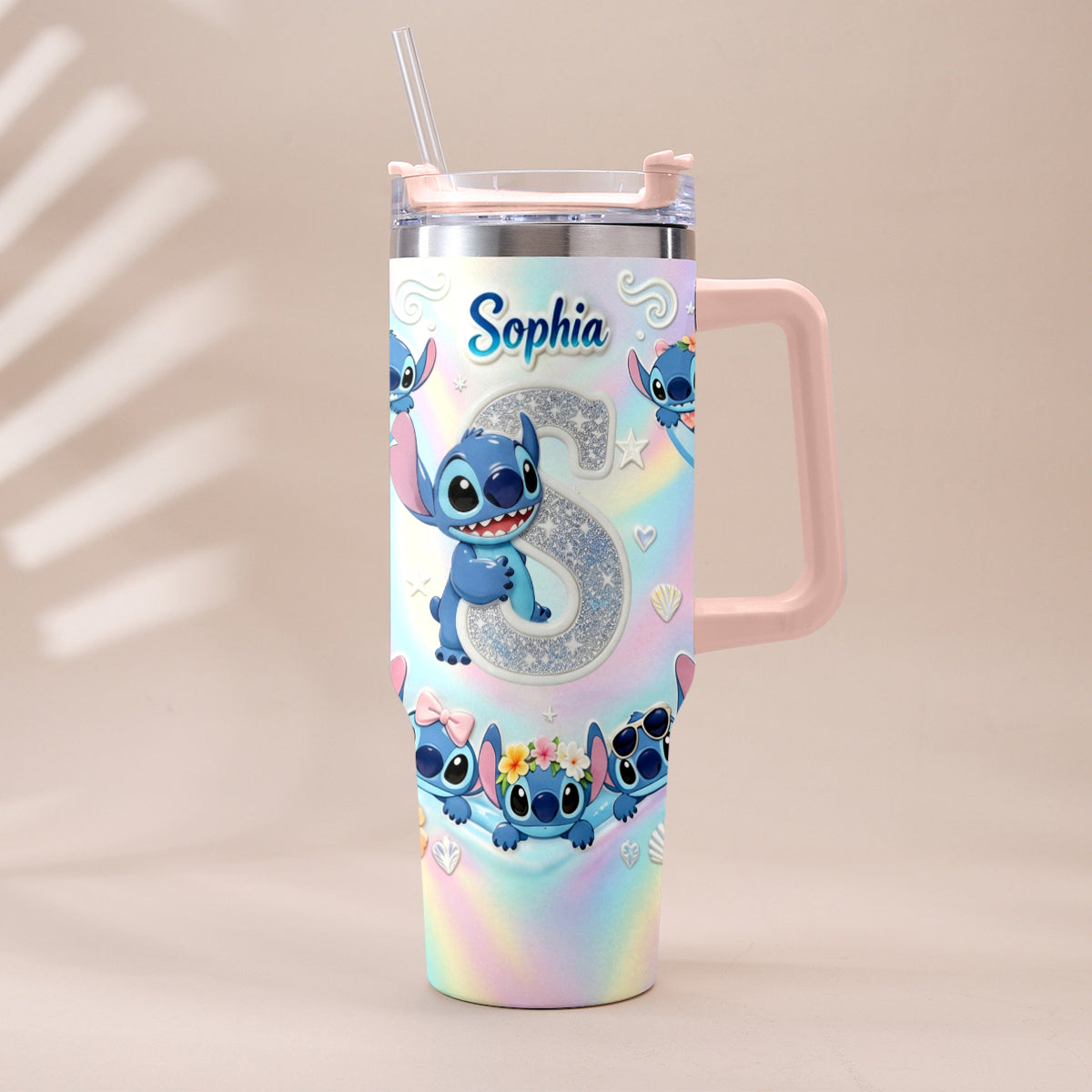 Cute Blue Alien With Letter - Personalized Ohana Tumbler With Plush Charm