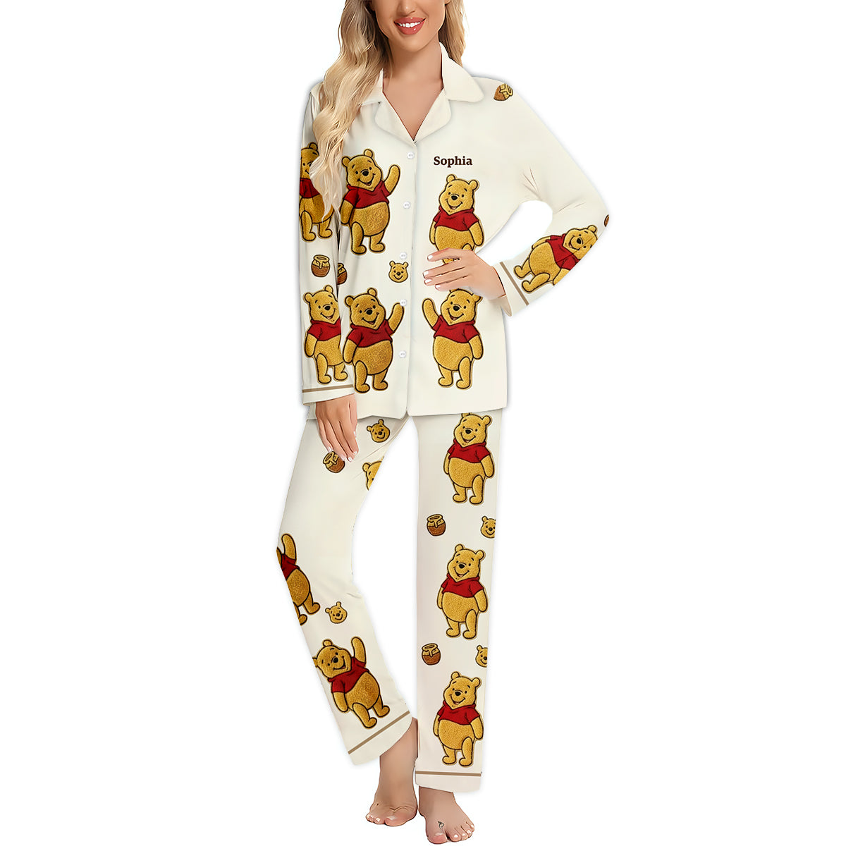 Cute Bear - Personalized Yellow Bear Button Down Pajamas
